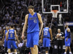Dallas Mavericks forward Dirk Nowitzki (41) walks back up court after the Mavs turned the ball over to the San Antonio Spurs in the second half of the NBA Western Conference Quarterfinals Game 7 at the AT&T Center in San Antonio, Texas, Sunday, May 4, 2014. (Tom Fox/The Dallas Morning News)